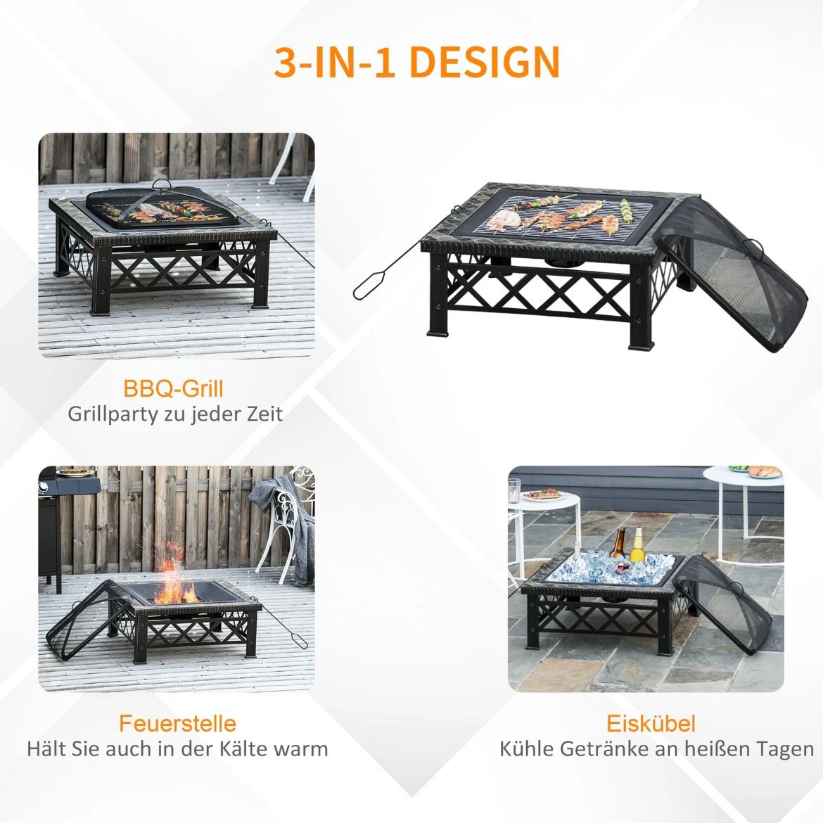 3in1 Feuerschale Feuerkorb Funkenschutz Grillrost Garten BBQ