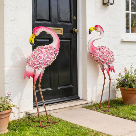 2x Flamingo Gartenstatuen Set Garten Metallvögel Dekoration