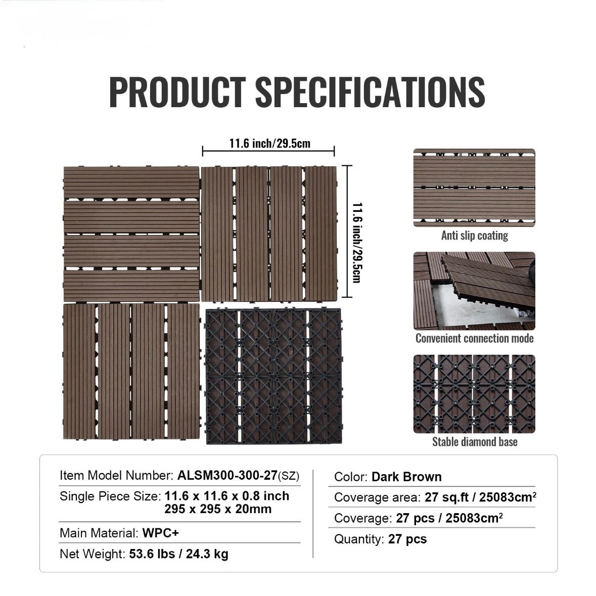 27x Klickfliesen für Terrasse Balkon 295x295mm Fliesen Boden