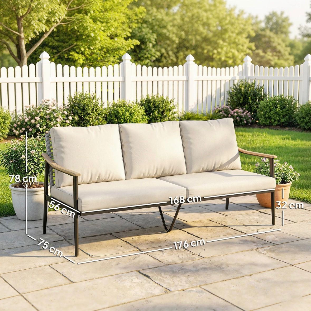 Gartensofa 3 Sitzer Rattan Loungesofa mit Kissen