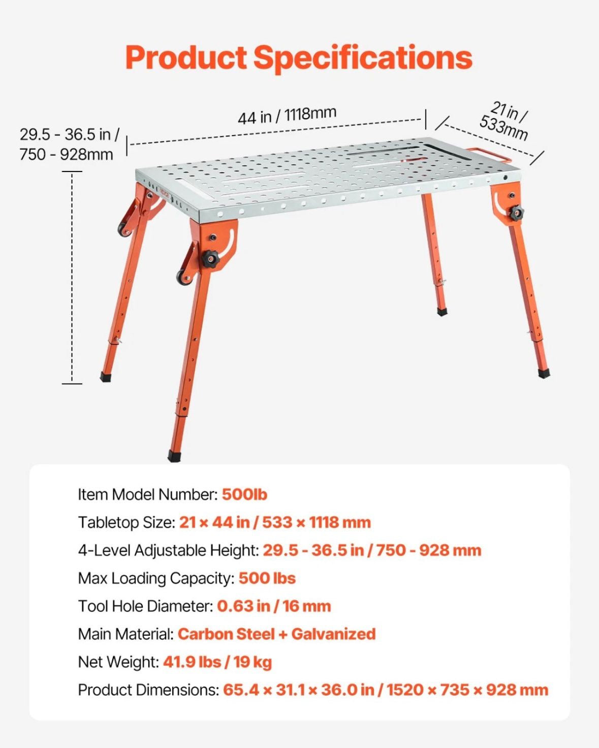 Schweißtisch 533x1118mm Werkbank 750-929mm verstellbar