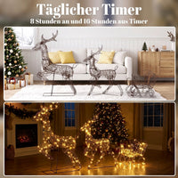 Rentier Schlitten Set beleuchtet Polyrattan LED Weihnachtsdeko Timer