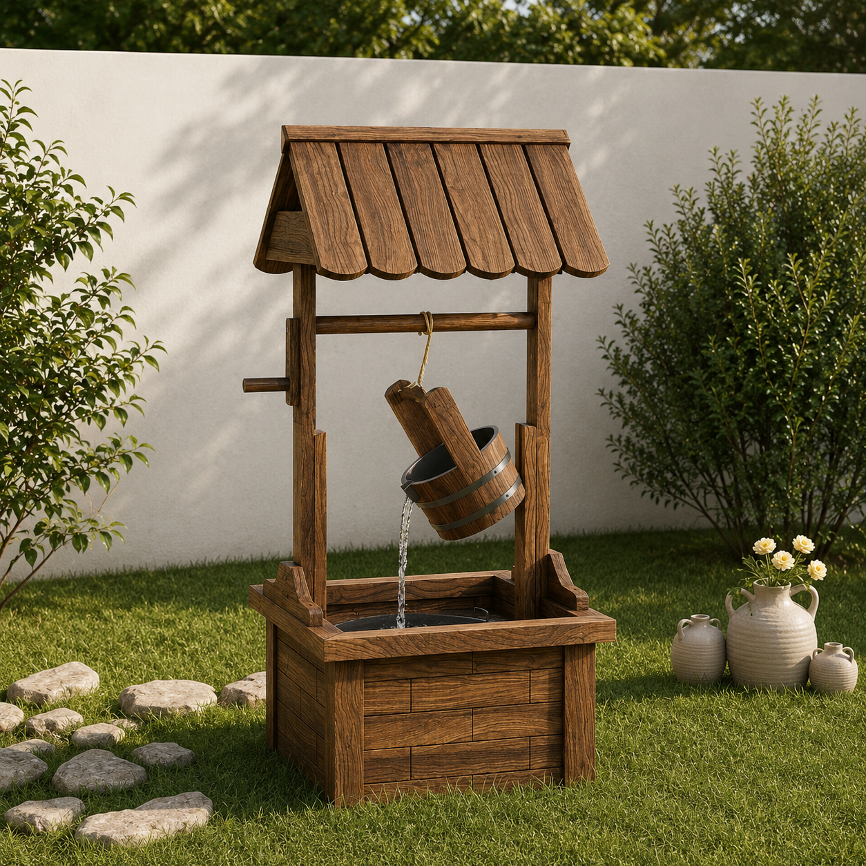 Wunschbrunnen Wasserbrunnen Gartenbrunnen Holz Pumpe Tannenholz 112cm