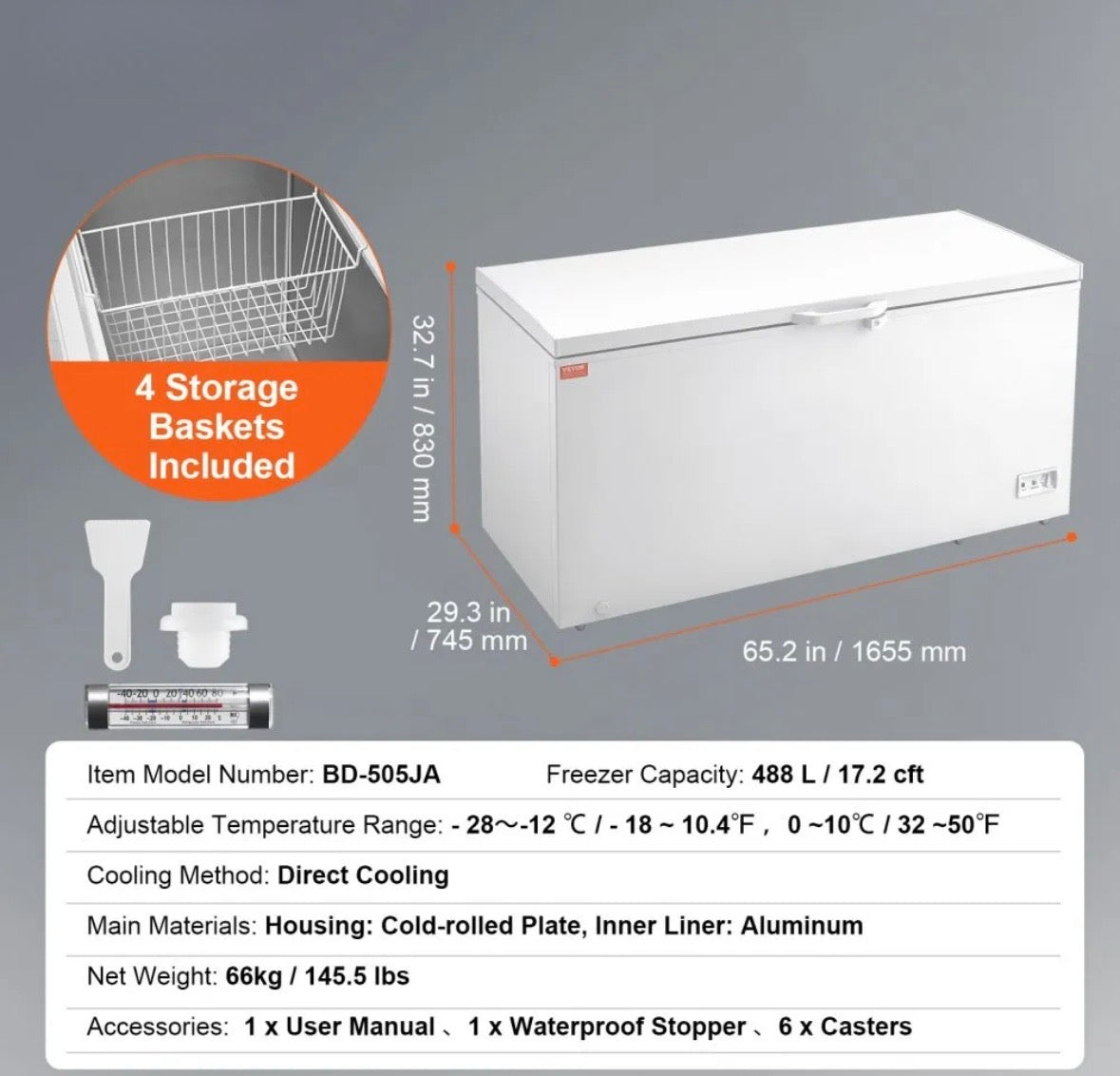 Gefriertruhe 561L mit 4 Körben Thermostat -28 bis -12°C