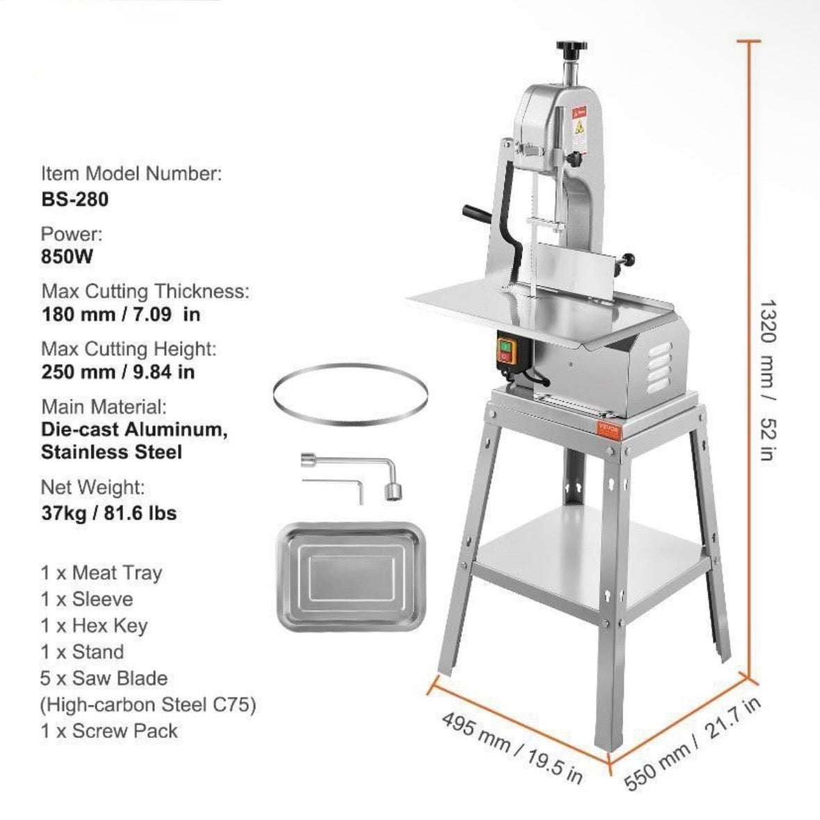 Fleischbandsäge 850W Edelstahl Knochen- & Fleischsäge