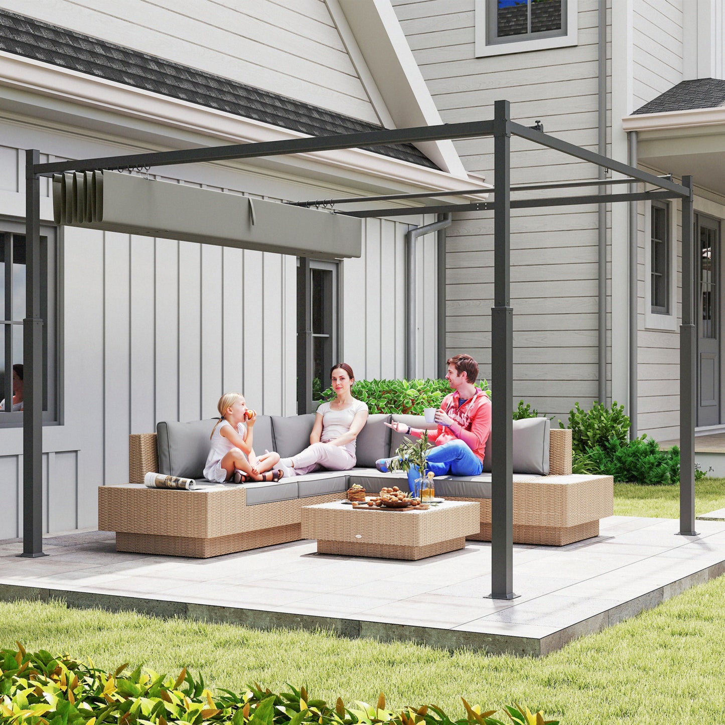 Pergola 3x3 m Freistehend Terrassenüberdachung Schiebedach UV-beständig