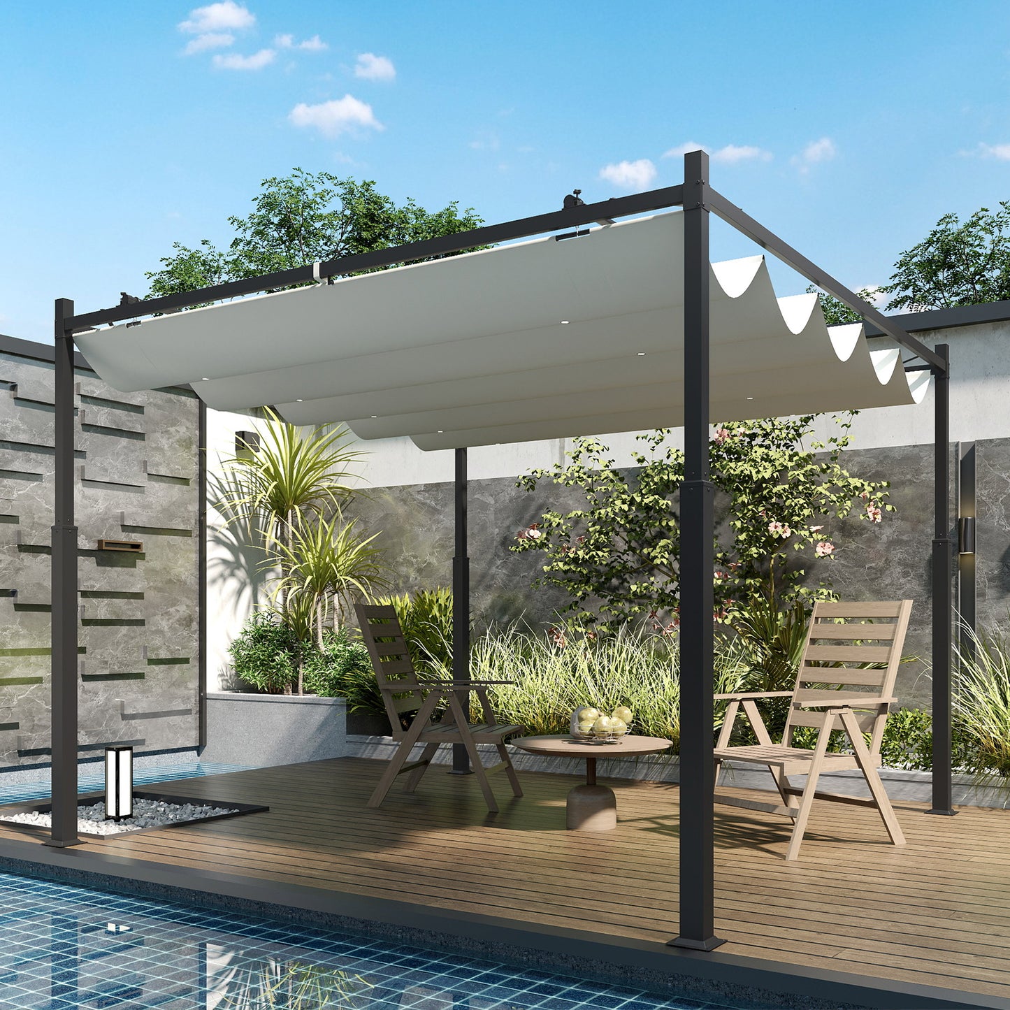Garten-Pergola 3x3m ausziehbares Dach Magnetpad UPF30+ Pavillon Cremeweiß