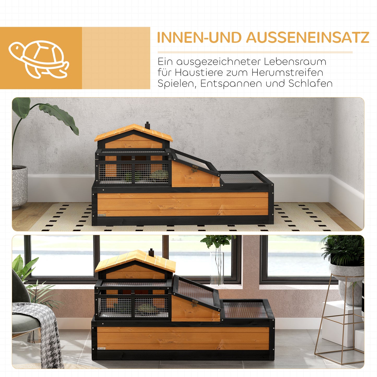 Schildkrötenhaus 2 Ebenen Tannenholz Schublade innen außen gelb