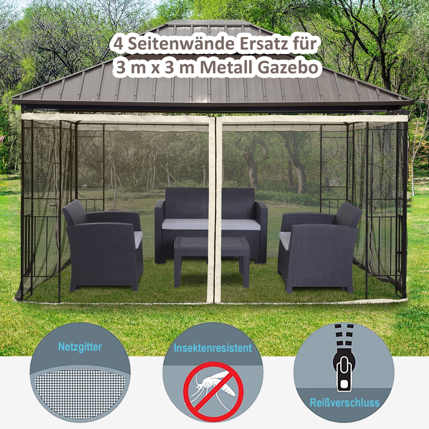 Ersatz-Netzvorhang 3x4m Gartenpavillons Fliegennetz Moskitonetz Polyester