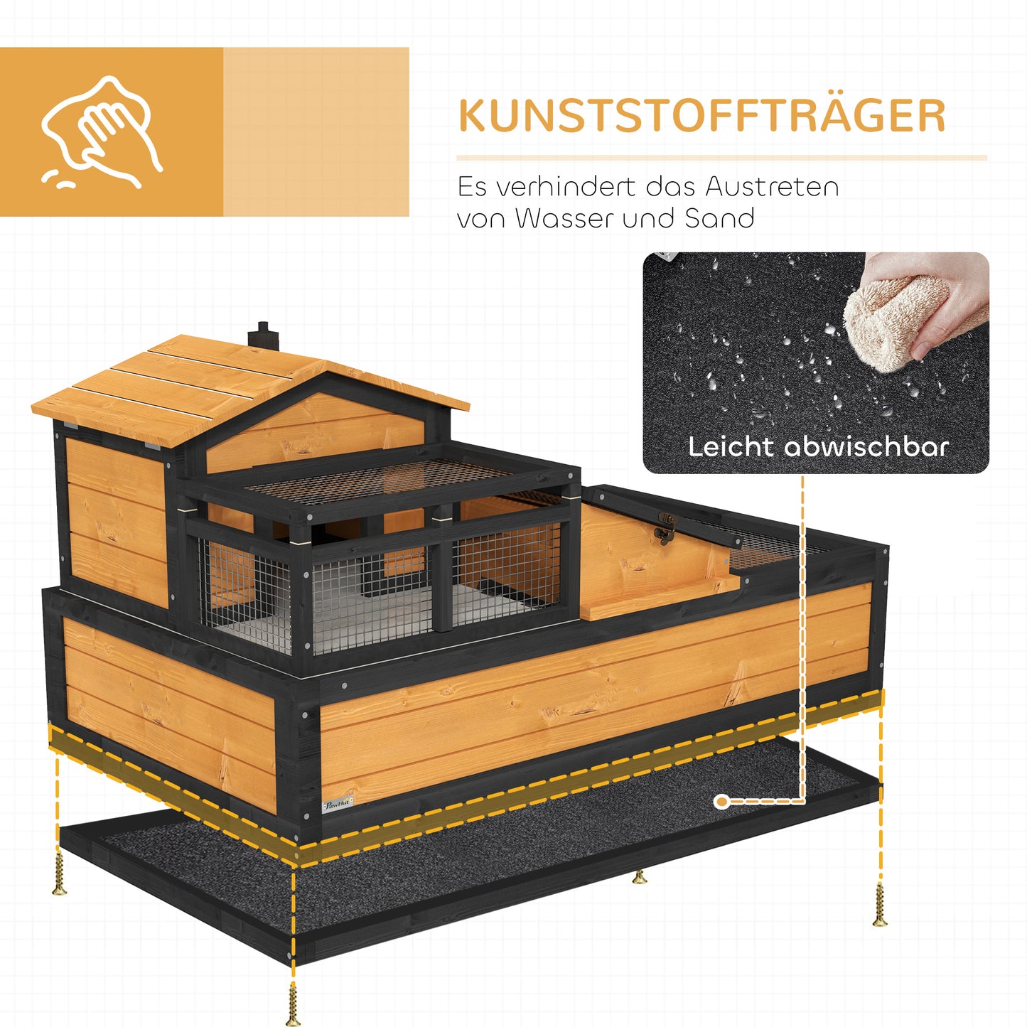 Schildkrötenhaus 2 Ebenen Tannenholz Schublade innen außen gelb