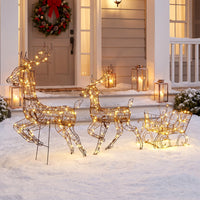 Rentier Schlitten Set beleuchtet Polyrattan LED Weihnachtsdeko Timer