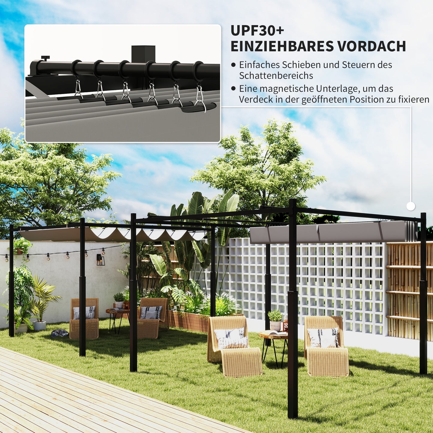 Pergola 3x3 m Freistehend Terrassenüberdachung Schiebedach UV-beständig
