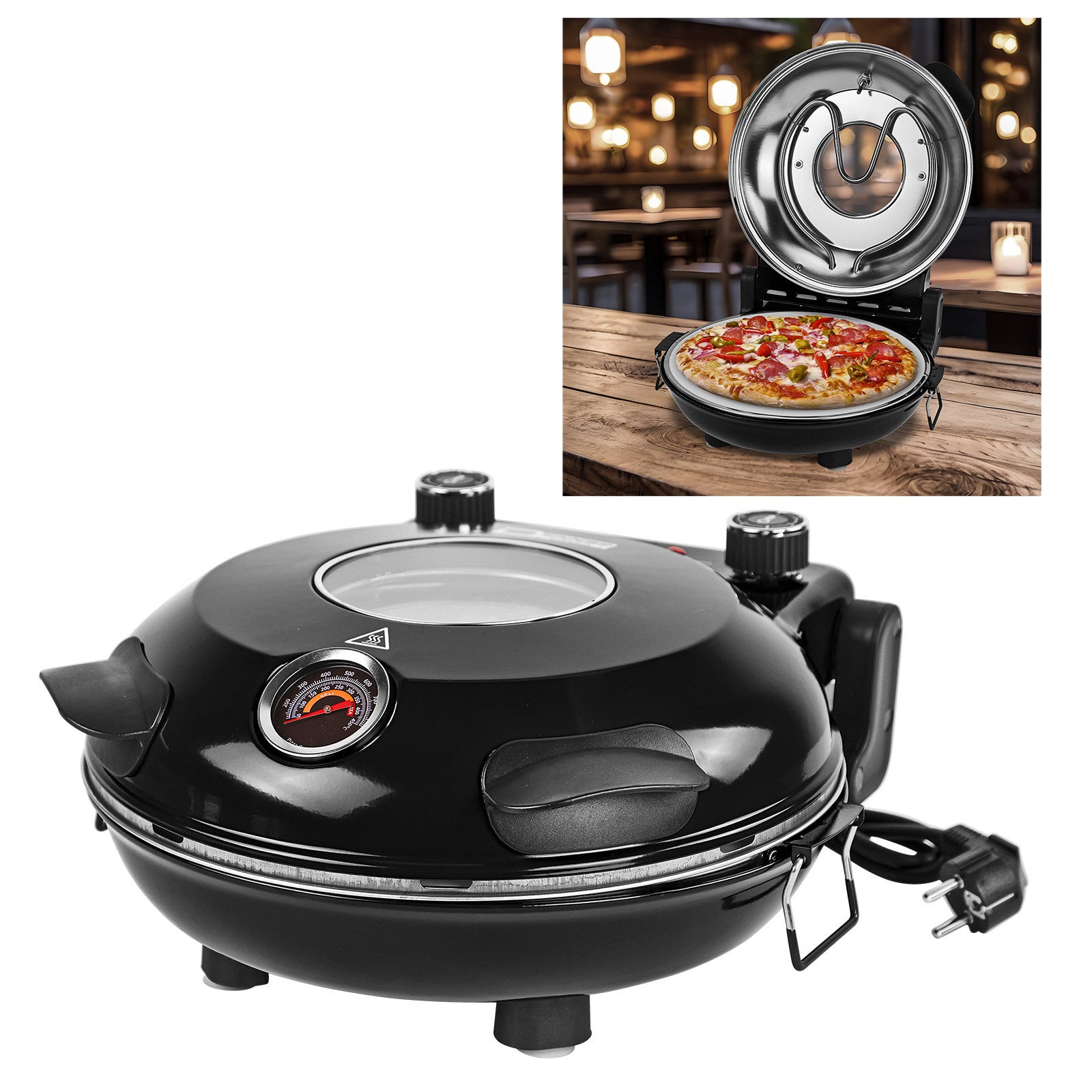 Pizzaofen 1200W Keramikstein 420°C Ober- Unterhitze Thermometer Schwarz