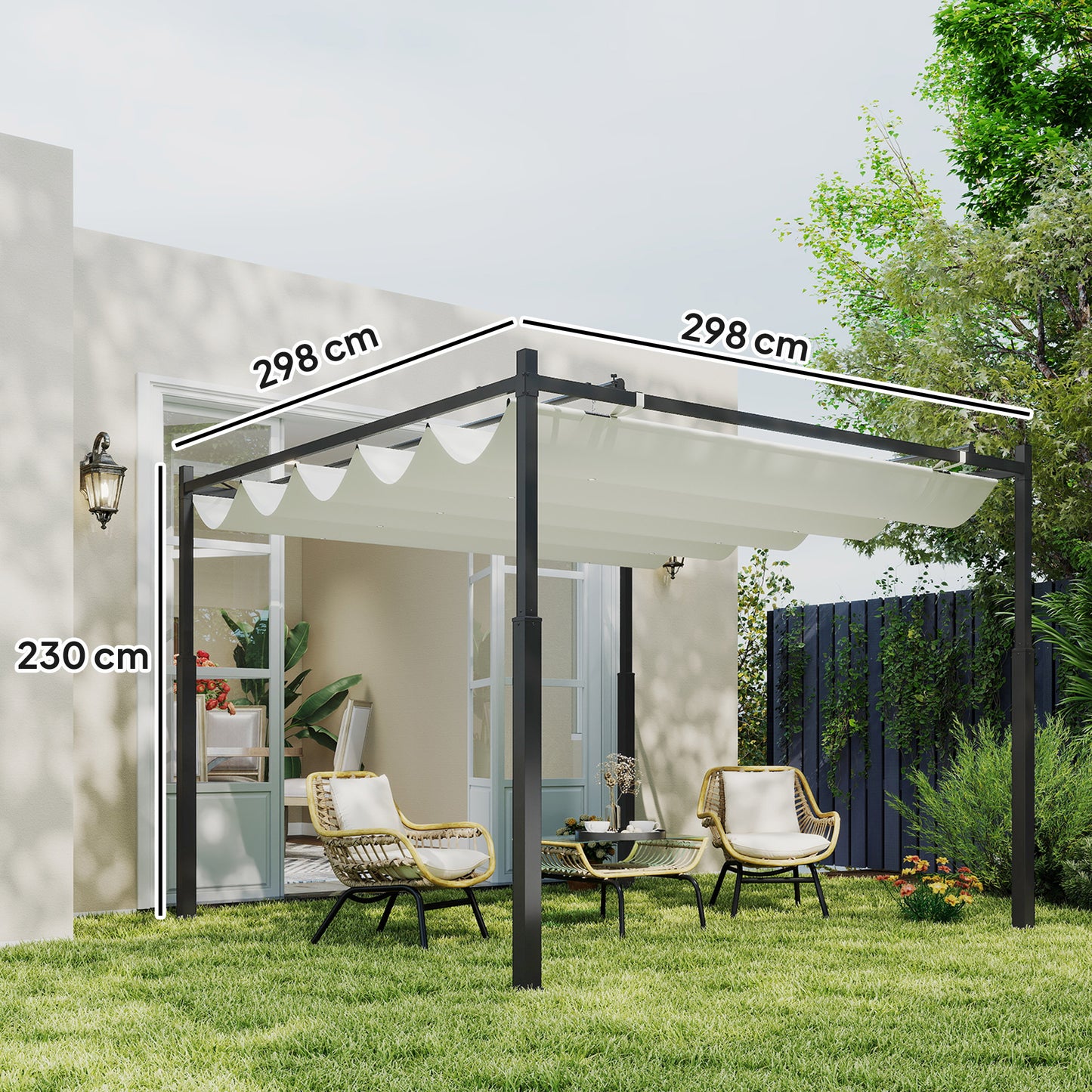 Garten-Pergola 3x3m ausziehbares Dach Magnetpad UPF30+ Pavillon Cremeweiß