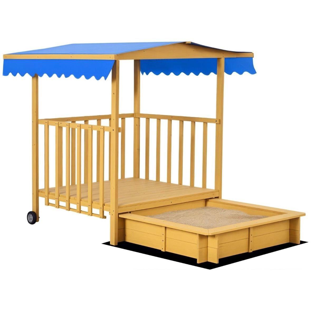 Kinder Sandkasten mit Spielhaus & Sonnendach aus Holz Garten Outdoor
