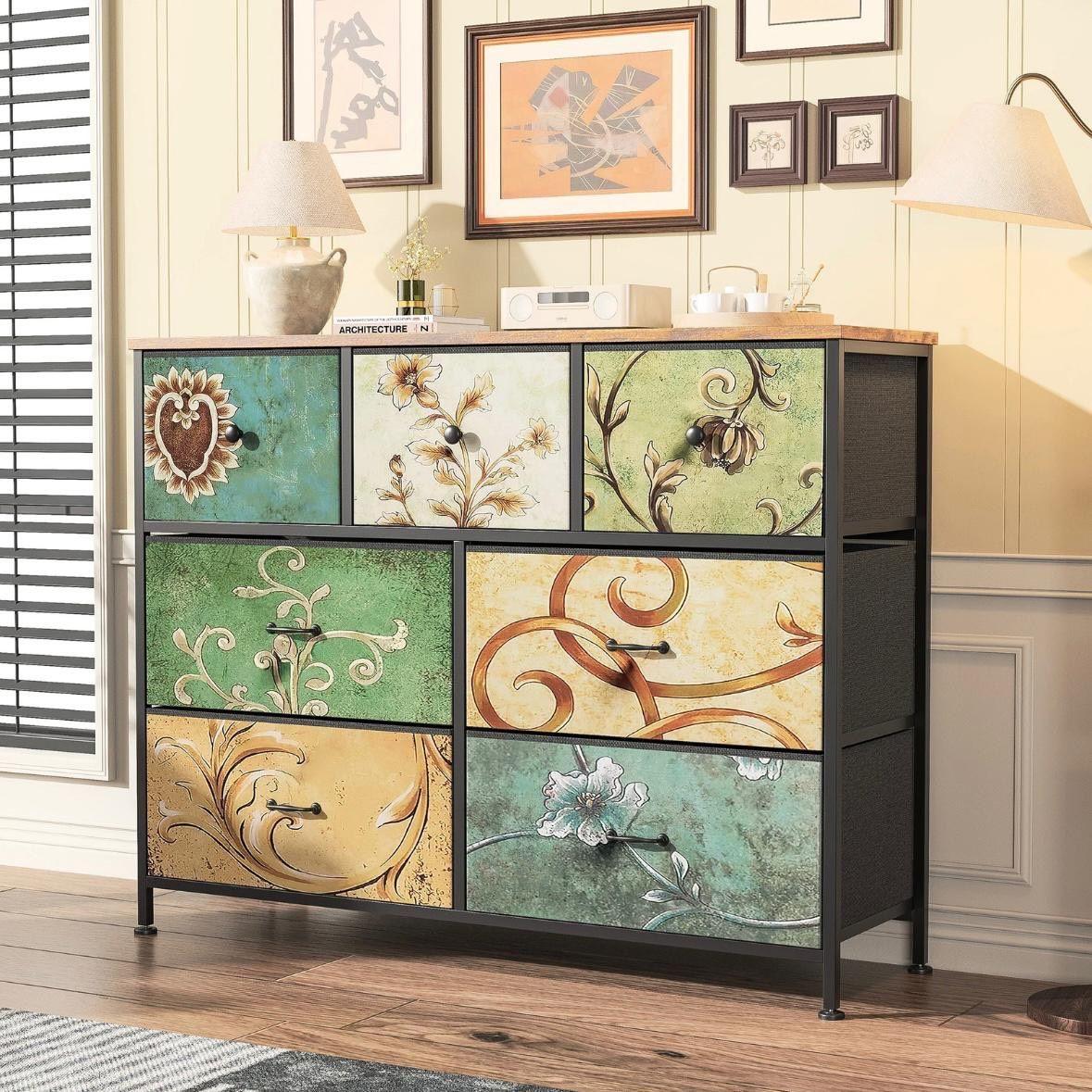 Kommode mit 7 Schubladen im Vintage-Design Stoffoptik & Metallrahmen