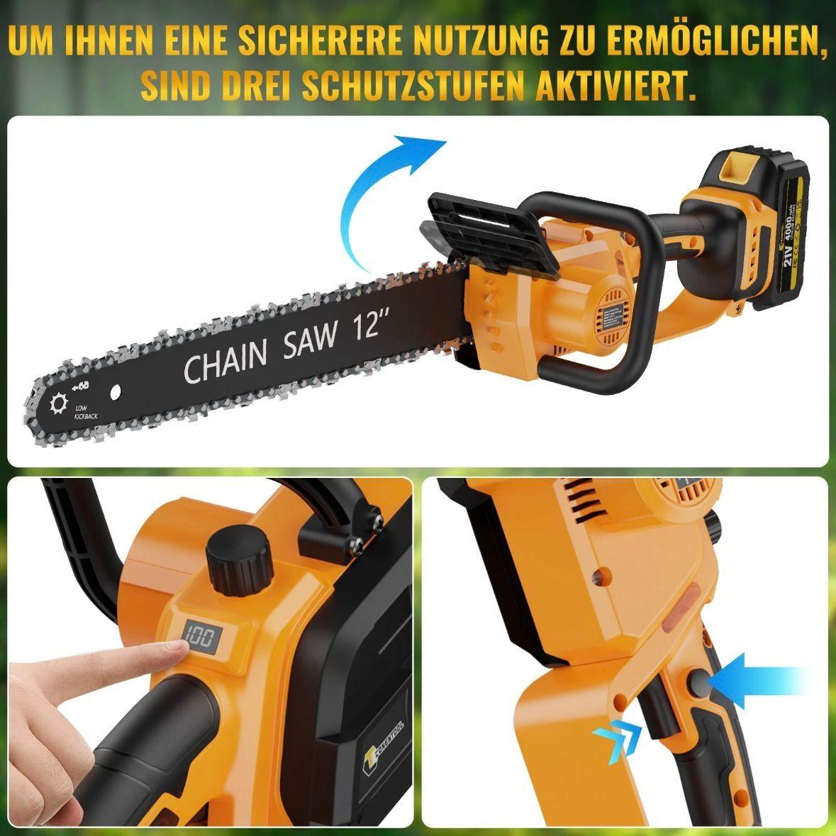 Akku-Kettensäge 12 Zoll 1000W Brushless mit 2 Akkus