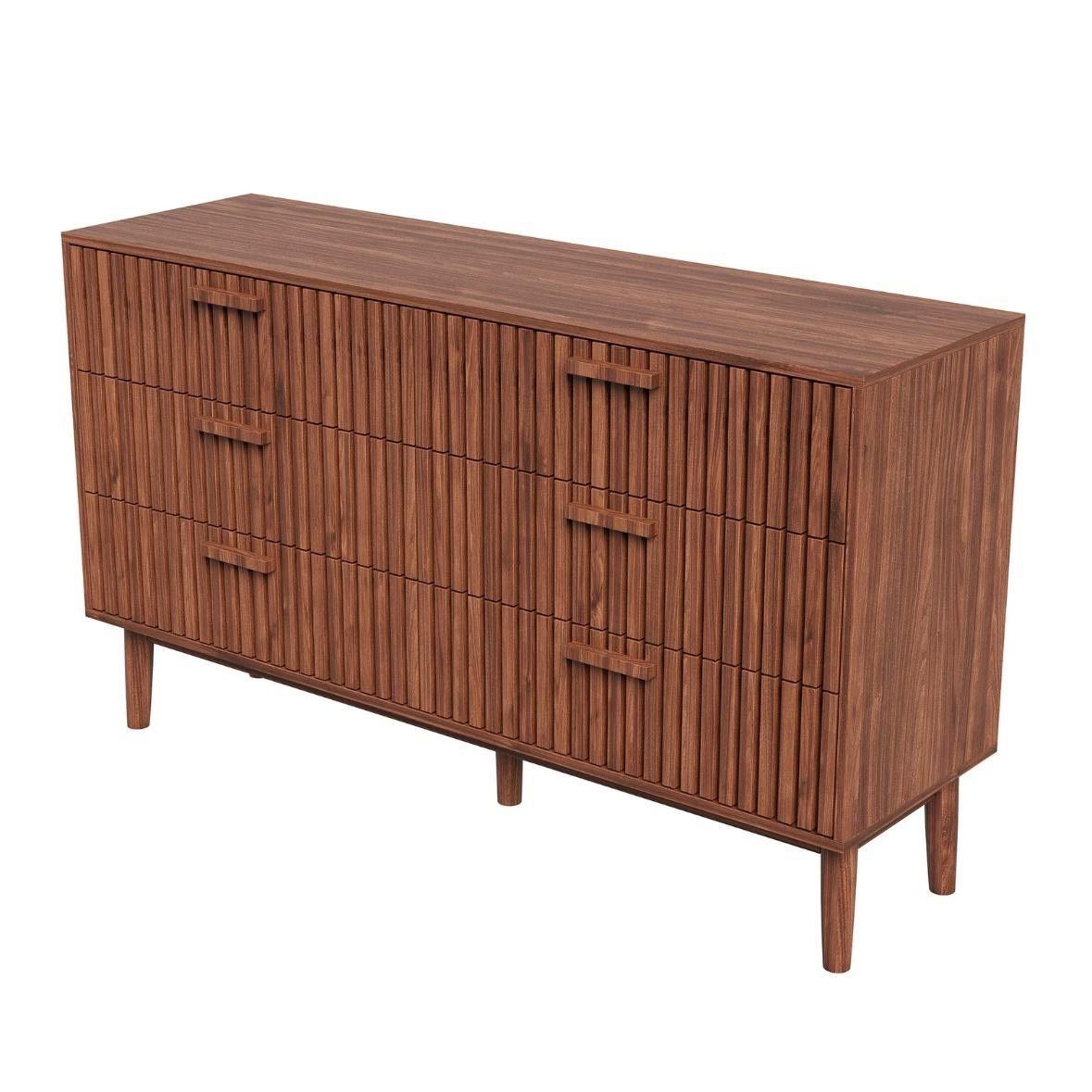 Kommode 6 Schubladen Nussbaum-Optik Rattan-Elementen & Metallgriffen