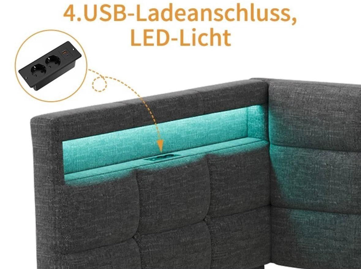 Polsterbett Grau mit LED USB & Schubladen 90x200cm