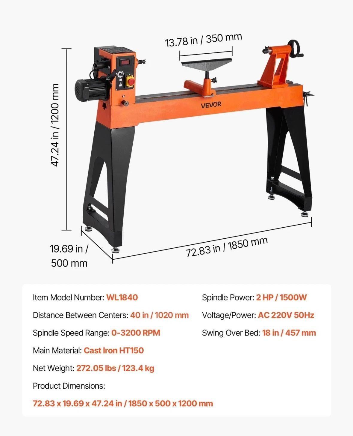 Holzdrehmaschine 1500W 3200Umin Drehmaschine Fräsen