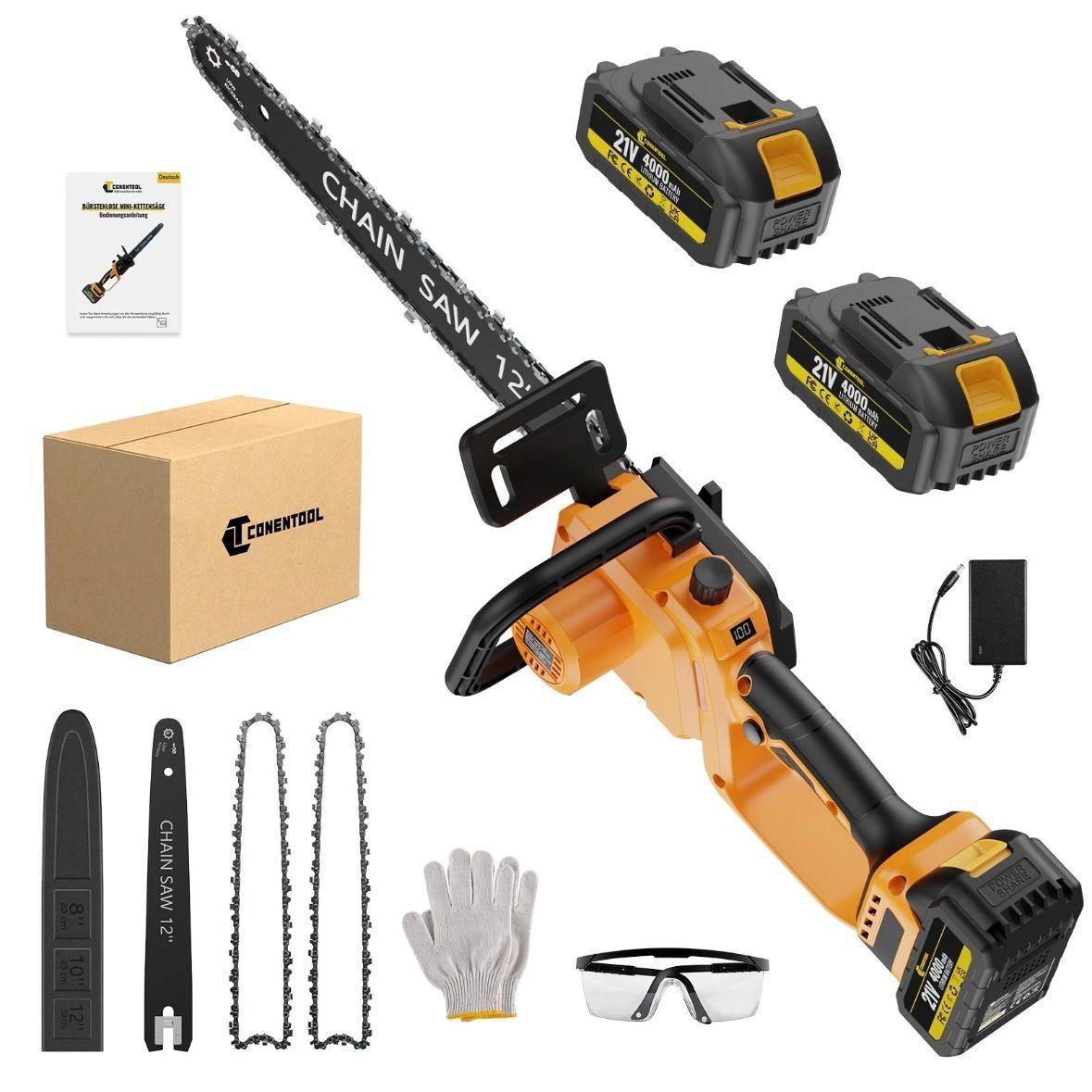 Akku-Kettensäge 12 Zoll 1000W Brushless mit 2 Akkus