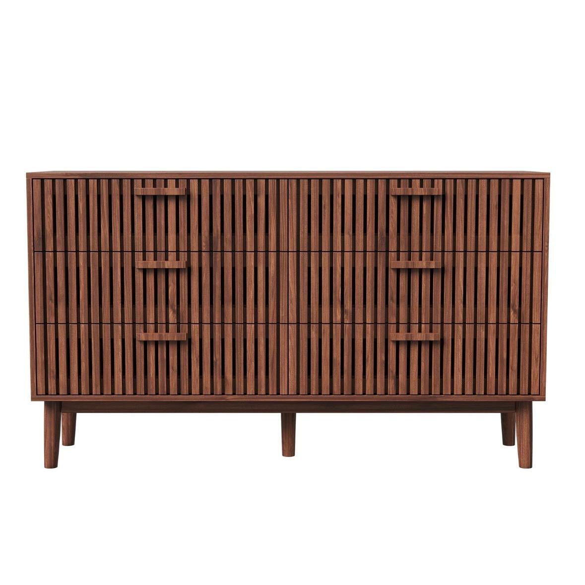 Kommode 6 Schubladen Nussbaum-Optik Rattan-Elementen & Metallgriffen