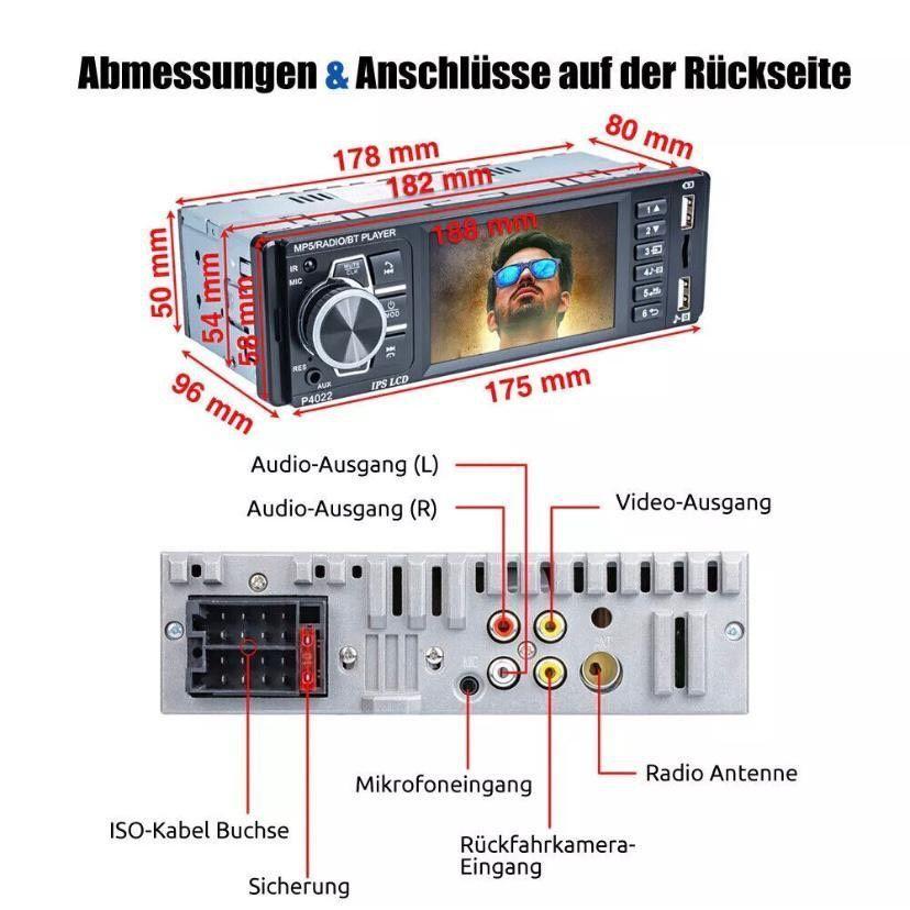 1 DIN Autoradio Bluetooth IPS Display USB AUX Freisprecheinrichtung