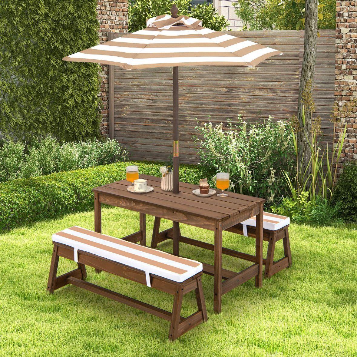 Kinder Picknicktisch Set aus Holz mit Sonnenschirm & Sitzkissen