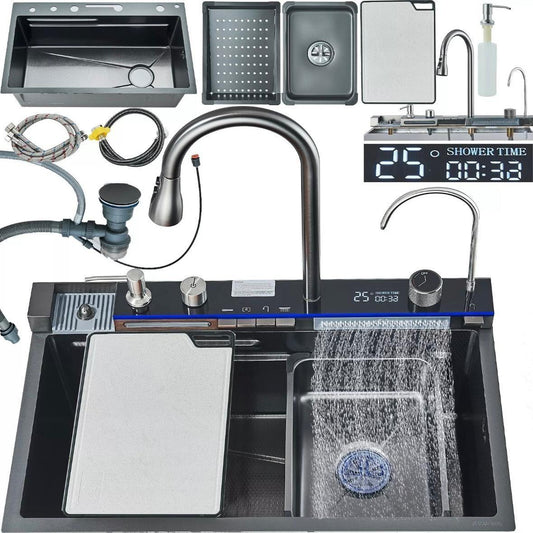 Edelstahl Einbauspüle mit Wasserfall Armatur 75×45 cm