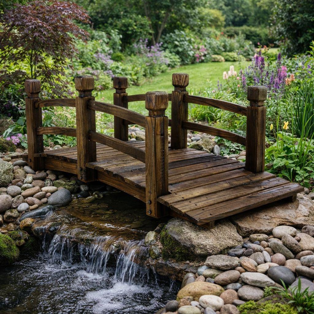 XXL Holzbrücke 150cm Dekobrücke aus massivem Nadelholz mit Handlauf