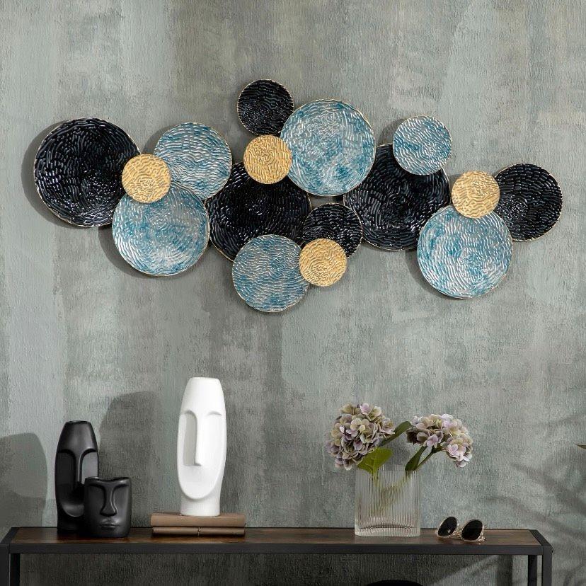 Metall Wandbild Kreise Blau Gold Schwarz 3D Kunst