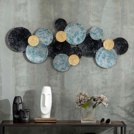 Metall Wandbild Kreise Blau Gold Schwarz 3D Kunst