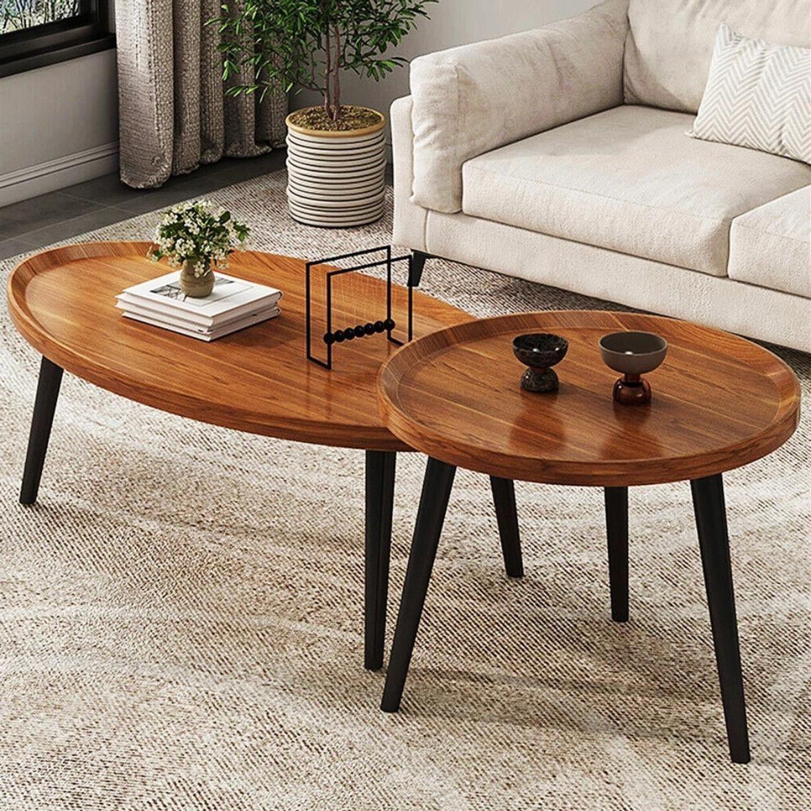 Couchtisch-Set Nussbaumholz 2er Set mit Metallbeinen