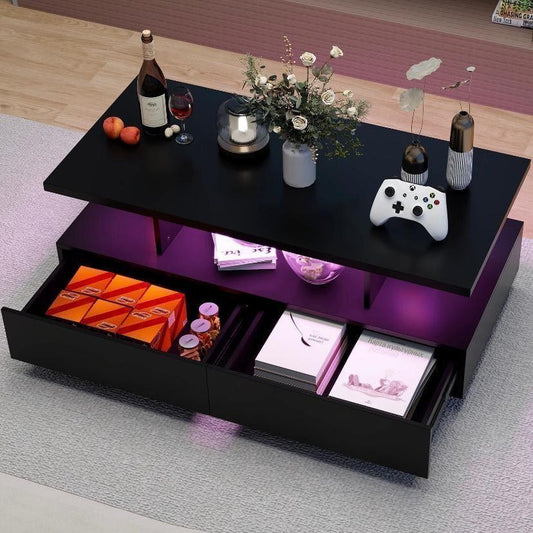 LED Couchtisch Schwarz Wohnzimmertisch mit Schubladen