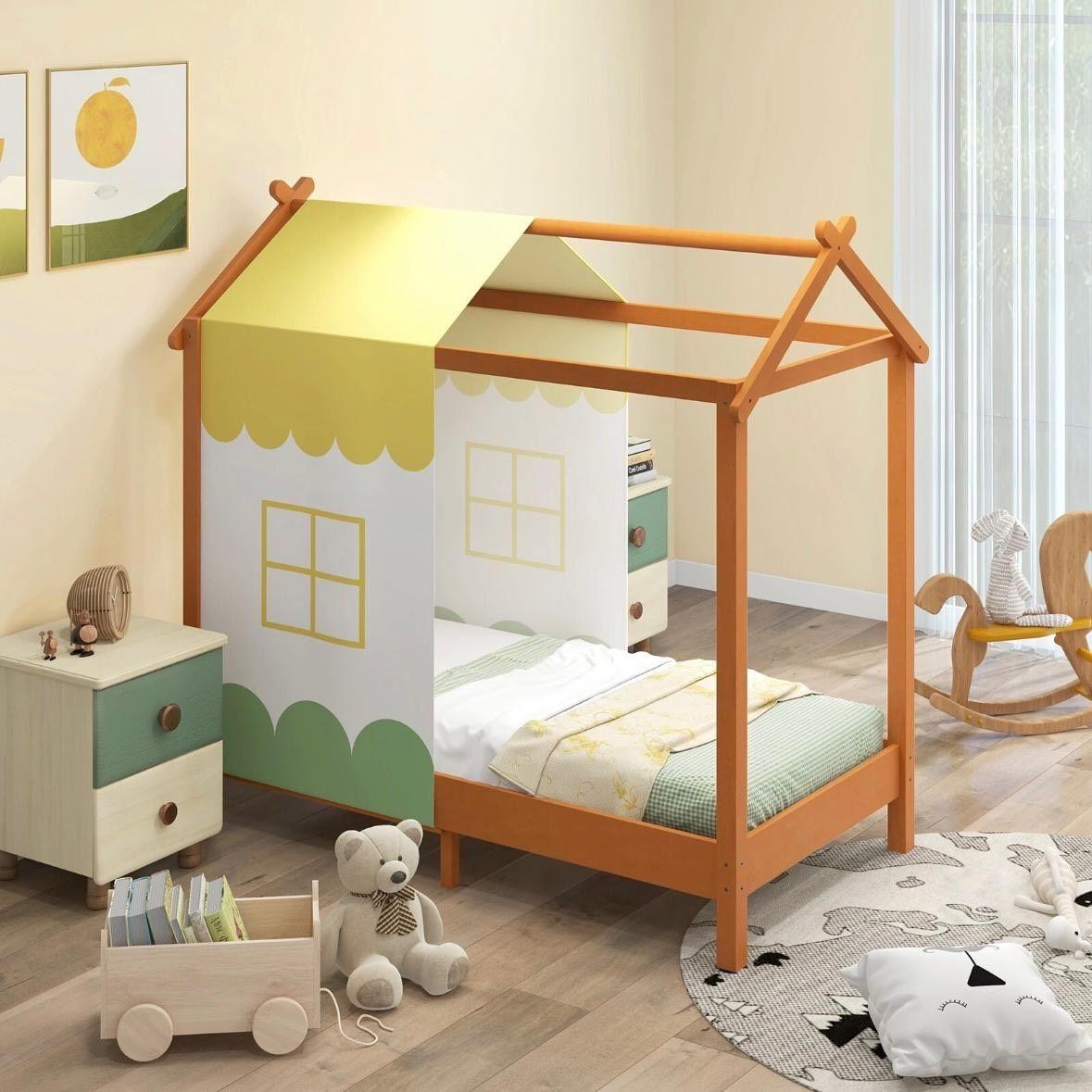 Hausbett Kinder 140×70cm mit Betthimmel Kinderbett