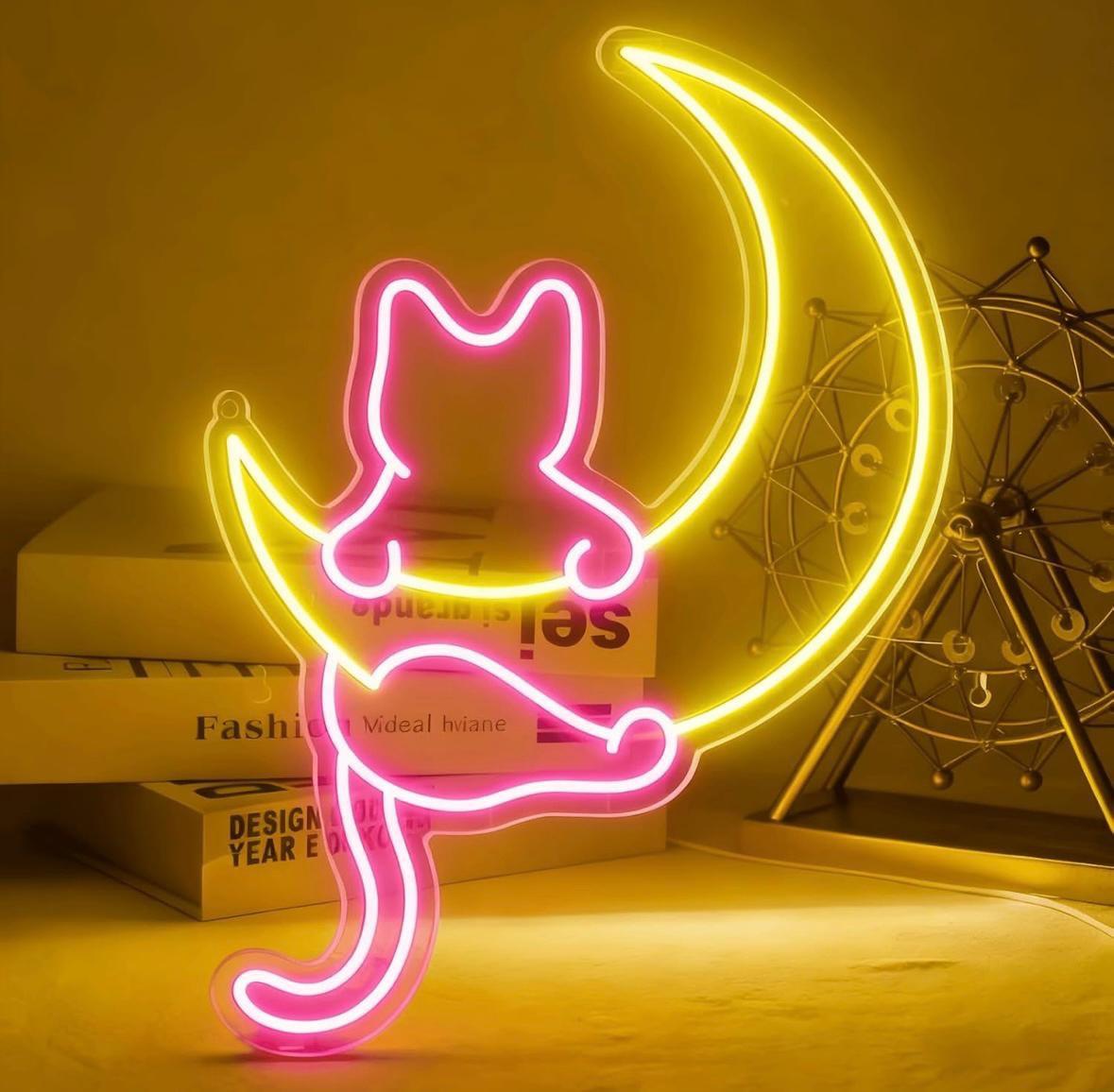 LED Neon Schild Katze mit Halbmond