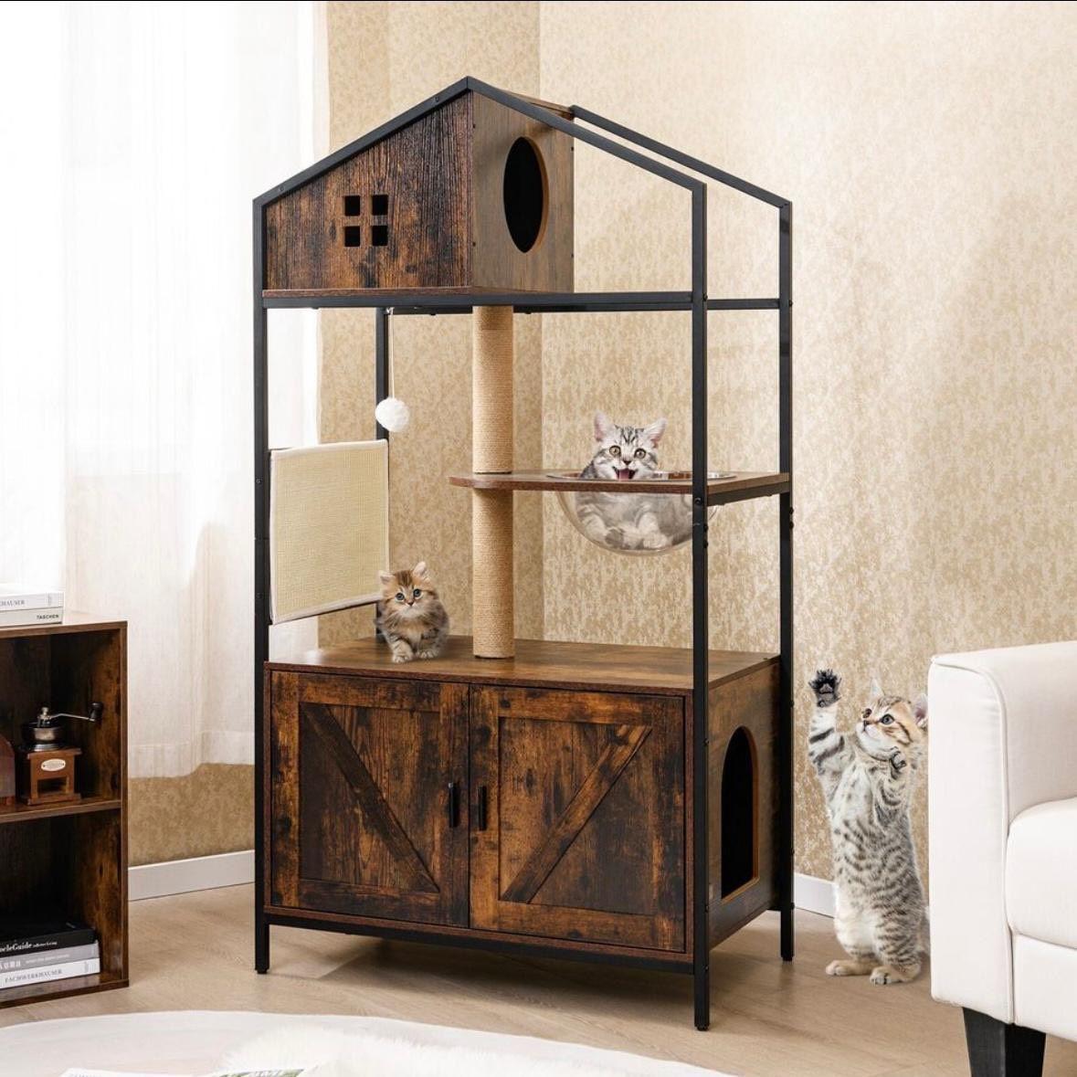 Kratzbaum mit Katzenschrank & Katzenklo – Multifunktionales Katzenmöbel