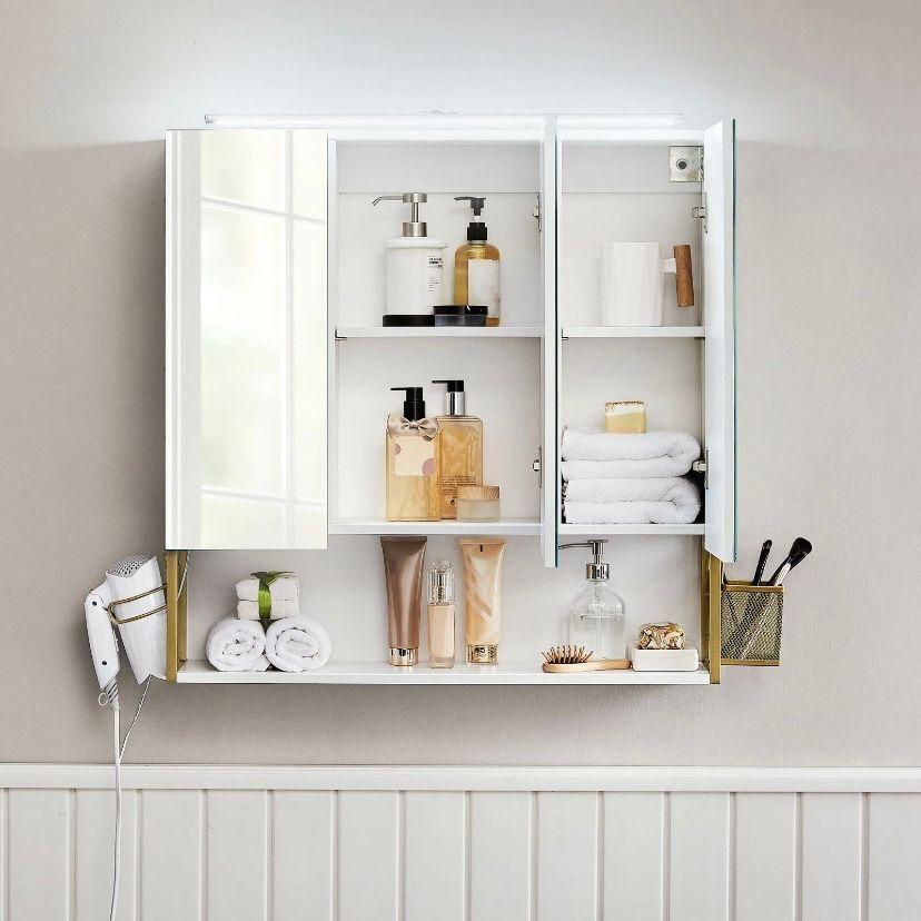 Badschrank mit LED & Spiegel Weiß Gold Wandschrank Badezimmer mit Stauraum
