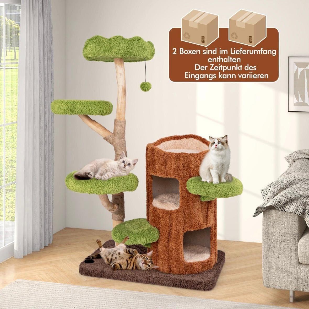 Kratzbaum aus Holz mit Katzenhöhle & Liegefläche stabil & mehrstöckig