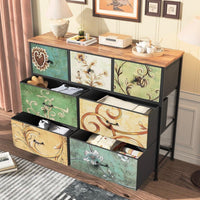 Kommode mit 7 Schubladen im Vintage-Design Stoffoptik & Metallrahmen