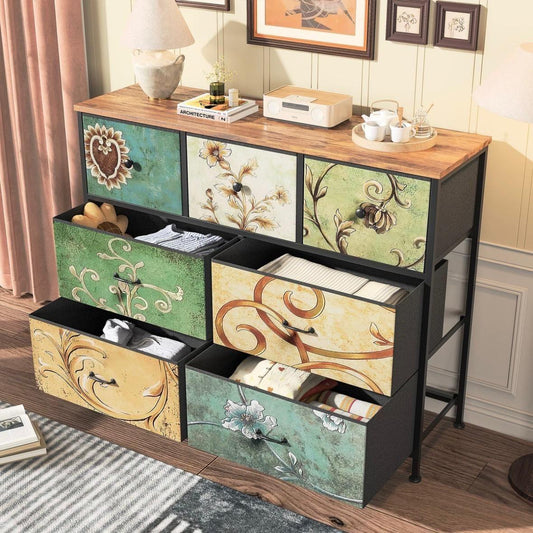 Kommode mit 7 Schubladen im Vintage-Design Stoffoptik & Metallrahmen
