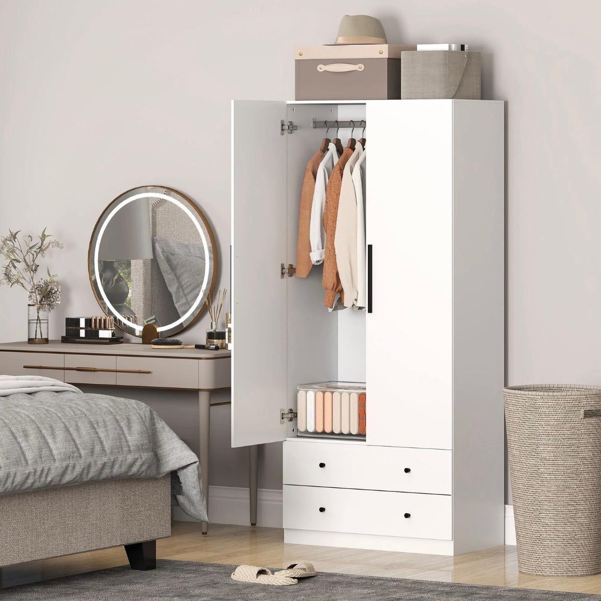 Moderner Kleiderschrank Weiß mit Schubladen & Kleiderstange