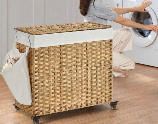 Wäschekorb mit Deckel Geflochtenes Design mit Stoffeinsatz