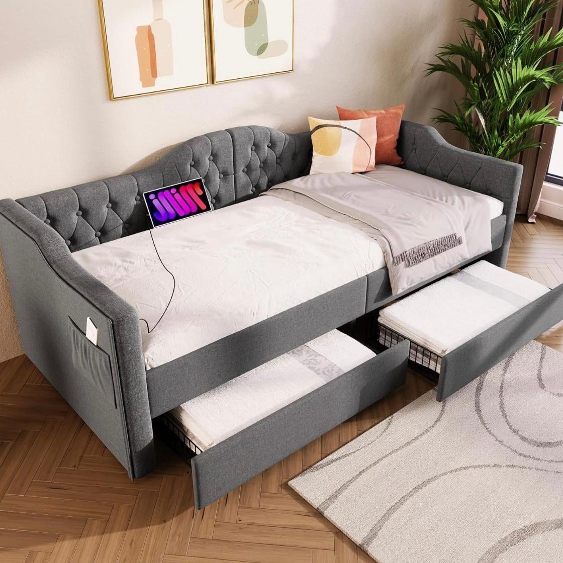 Kinder-Polsterbett 90x200cm mit Stauraum & USB Tagesbett Grau