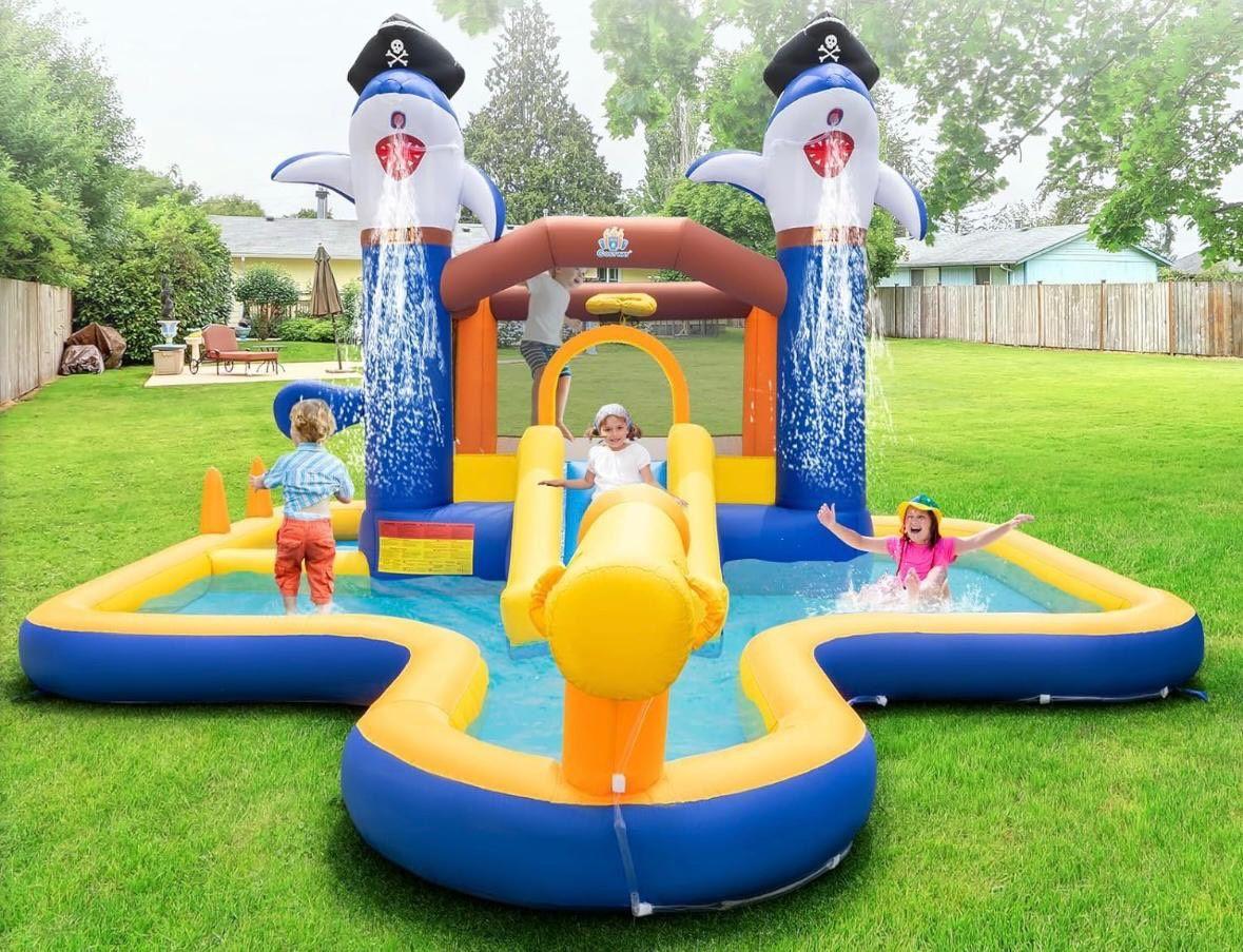 Aufblasbare Hüpfburg mit Wasserrutsche & Pool – Kinder Spielburg Garten