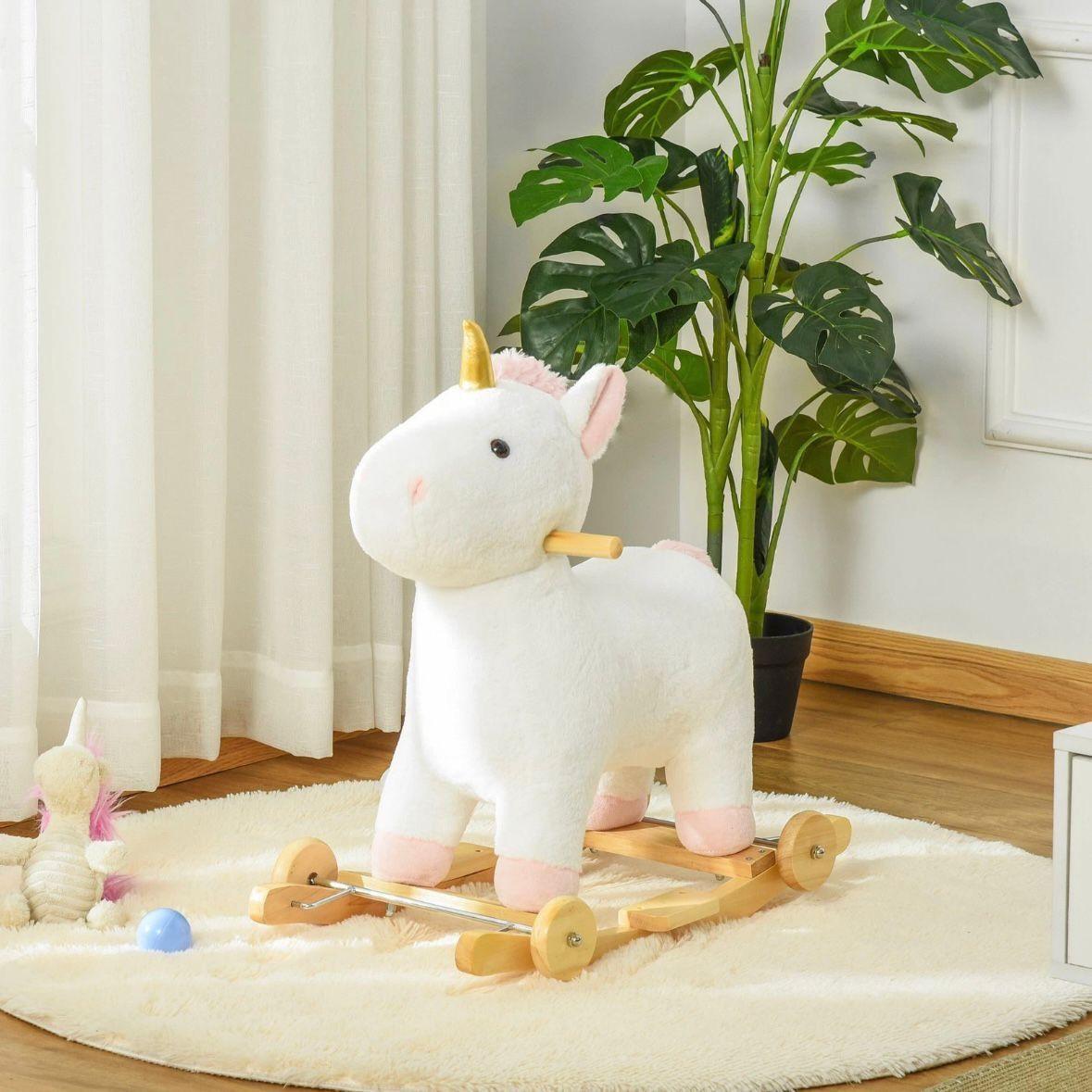 Schaukelpferd Einhorn 2in1 Plüsch mit Rollen & Sound