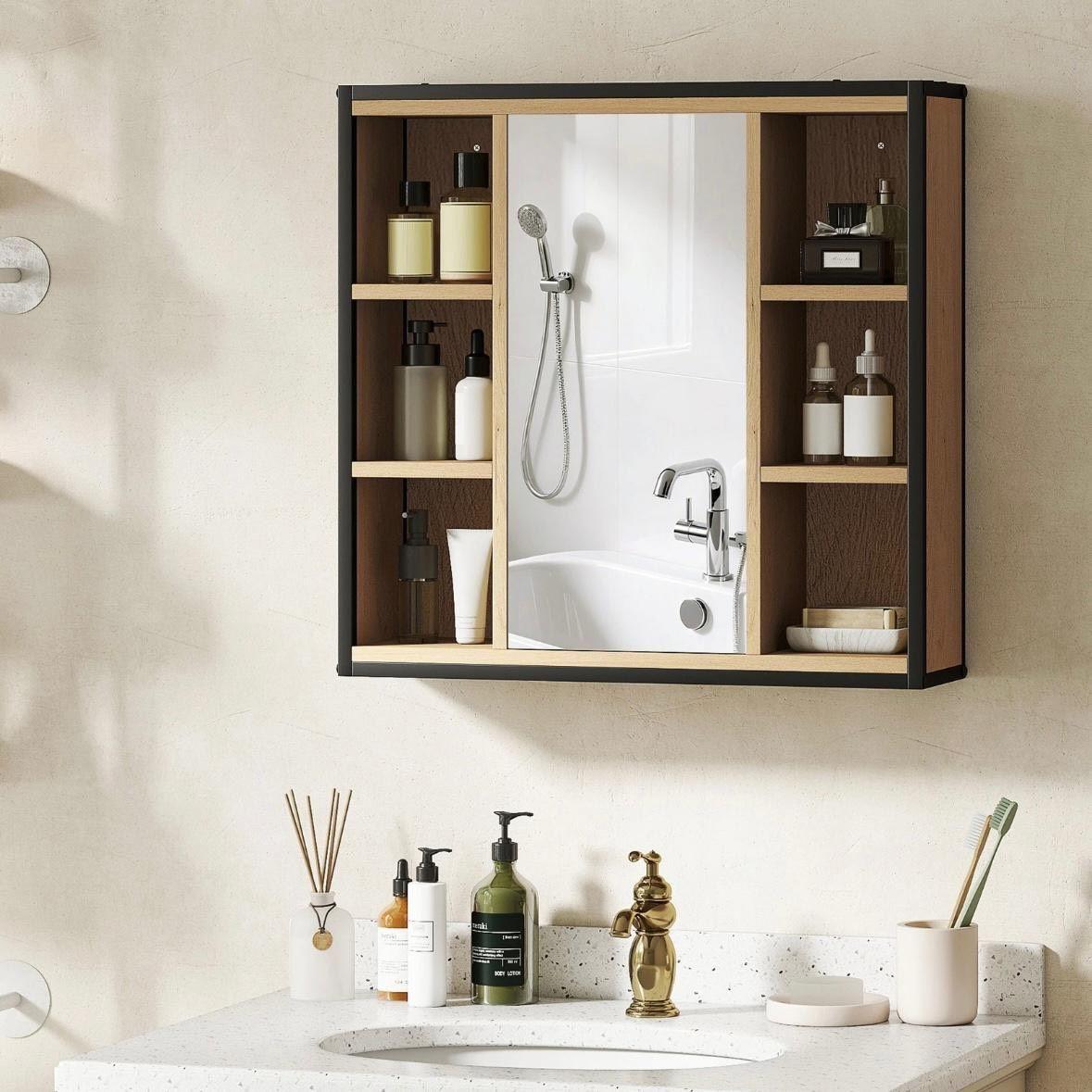 Badezimmer Spiegelschrank Industrial Schwarz Wandschrank mit Spiegel & Stauraum