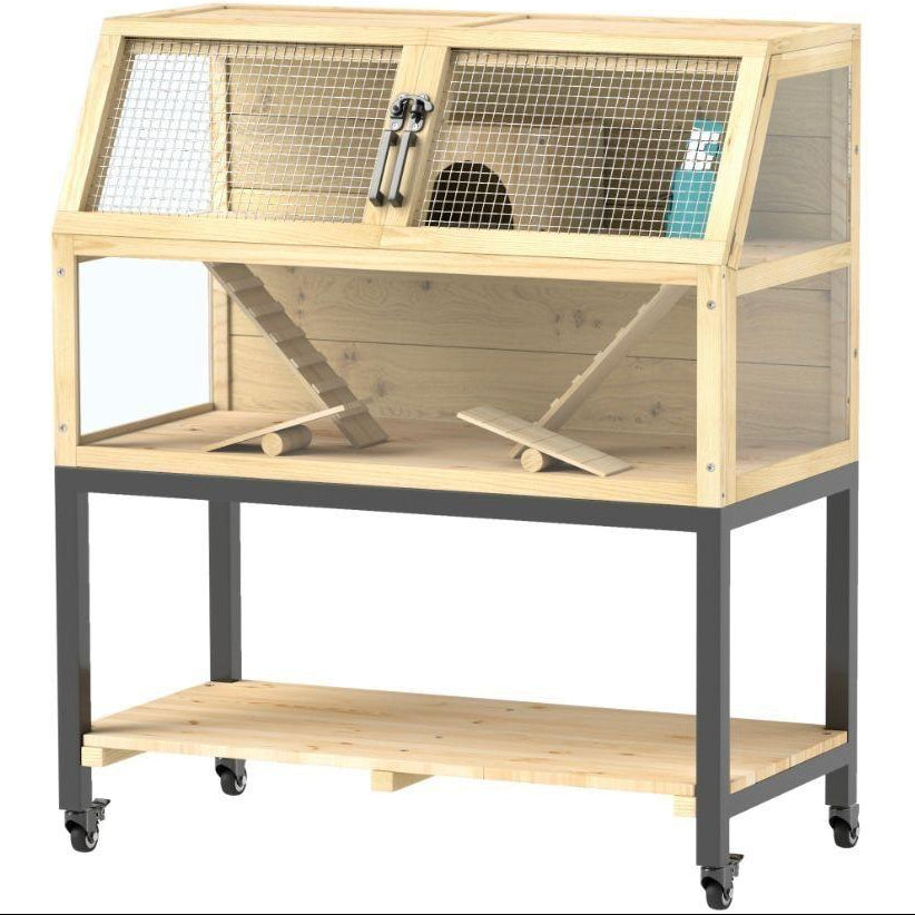 Hamsterkäfig Holz 2 Ebenen Kleintierkäfig mit Rollen Zubehör