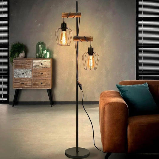 Stehlampe im Industrial- & Vintage-Stil mit Holz & Metallkäfig