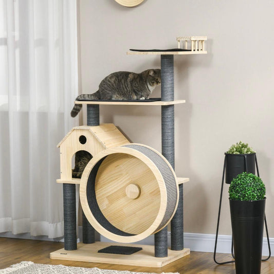 Kratzbaum mit Laufrad Katzenbaum aus Holz mit Katzenhöhle & Plattformen